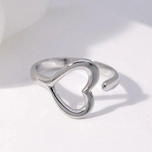 Minimalist adjustable stainless steel open ring with hollow heart design in silver finish