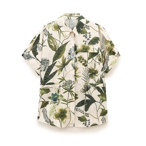 Women's summer vacation floral short sleeve shirt and long pants set with green print