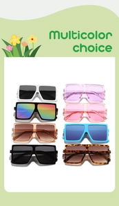 Detailed grid of kids large square sunglasses in eight vibrant color options