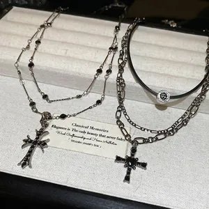 Set collana croce gotica con zirconi neri in stile punk argento vintage per donna