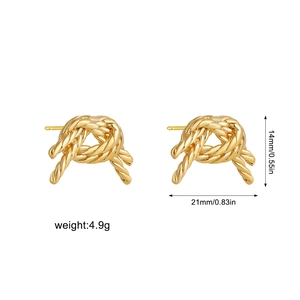 Detailed view of 14k gold plated twisted rope stud earrings with dimensions and weight