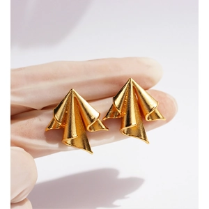 Roman Artistic Irregular Gold Brass Stud Earrings Vintage Pleated Geometric Design With 925 Sterling Silver Earring Post