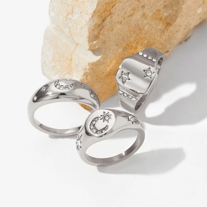 Retro stainless steel star and moon rings with zircon stones on natural rock base