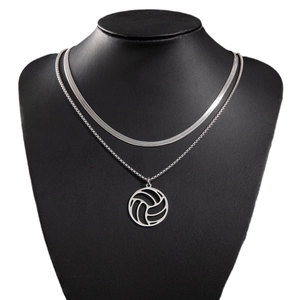 Collier double épaisseur en acier inoxydable avec pendentif volleyball argent