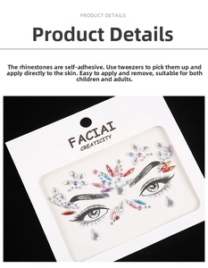 Detailed view of self-adhesive iridescent crystal facial gems in teardrop and round shapes