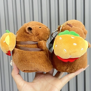 Capybara Plush Keychain Cute Soft Animal Doll Pendant With Burger Backpack Strawberry Hat For Bag Decoration