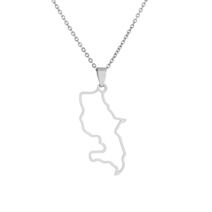 Detailed view of silver stainless steel Martinique map pendant on delicate cable chain
