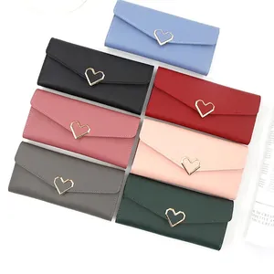 Women long wallet with heart-shaped metal buckle and multiple card slots in seven colors