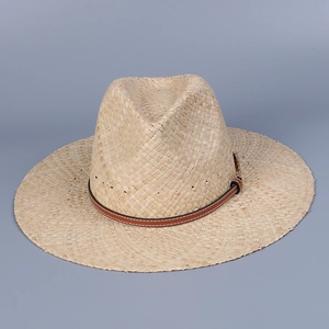Classic raffia straw jazz hat in beige with brown leather band for summer beach vacations