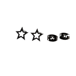 Minimalist black hollow star stud earrings with butterfly backs in a sleek trendy style