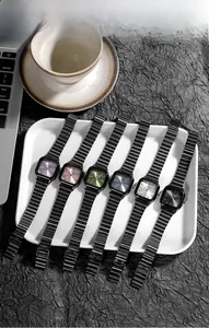 Elegant rectangular quartz watches with various dial colors and black metal straps