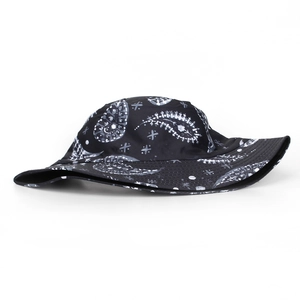 Classic black bucket hat with white paisley pattern for sun protection and street style