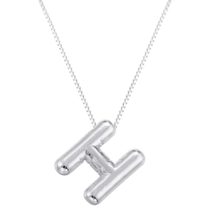 Close-up of silver-tone polished balloon H-letter pendant on a delicate box chain