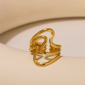 Minimalist 18k gold plated stainless steel wave ring with hollow geometric design