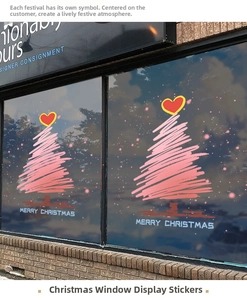 Pink hand-drawn Christmas tree window sticker with red heart and Merry Christmas text