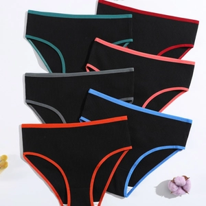 Detail view of cotton ribbed panties showing assorted colorful contrast trims in a 6-pack set