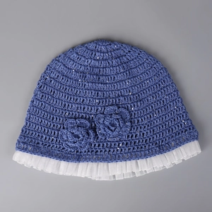 Blue crochet bucket hat with floral accents, silver sequins, and white mesh trim edge