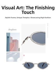 Detail of oval sunglasses featuring a crystal-encrusted frame and sleek silver metal arms