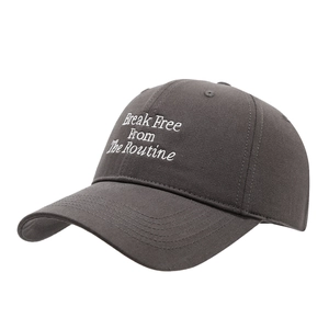 Dark grey baseball cap with white embroidered slogan and adjustable soft top design