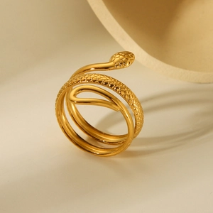 Elegant 18K gold-plated stainless steel snake ring with textured scale details for women