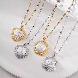 Elegant titanium steel necklaces with baroque pearl charms in heart and round shapes