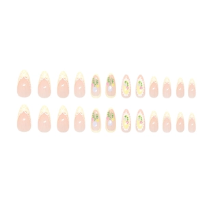 French press on nails with tulip floral patterns and white lace bow designs