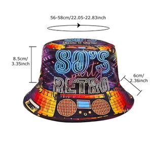 Reversible bucket hat with 80s retro party pattern and neon radio graphics for sun protection
