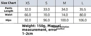 Tableau des tailles pour short en similicuir à taille haute incluant les mesures XS à L