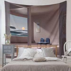 Detail of surreal landscape tapestry featuring a sunset over blue hills in a bedroom