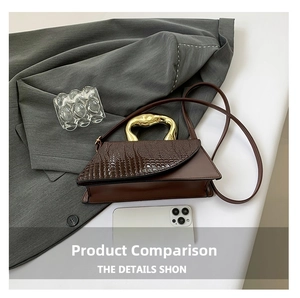 Detailed view of the brown crocodile-patterned bag with golden liquid metal handle