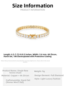 Detailed size chart for the iced-out tennis bracelet with width and length specifications