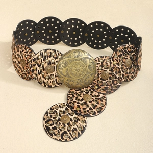 Cintura in pelle retrò western con stampa leopardata, pannelli tondi neri e fibbia vintage