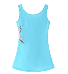 Detail of light blue sleeveless mini dress with silver sequin starfish embroidery