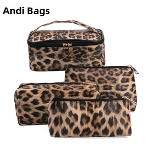 Detail view of leopard print cosmetic bag set showing four versatile storage sizes
