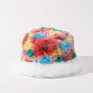 Close-up of rainbow plush bucket hat showing pink yellow and blue faux fur texture