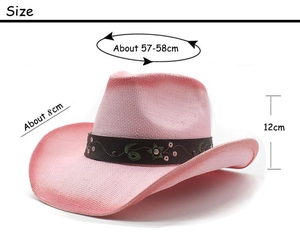 Pink western straw cowboy hat dimensions showing 8cm brim and 12cm crown height detail