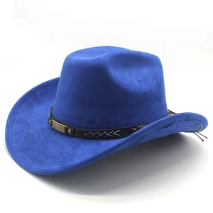 Detail of navy blue suede cowboy hat featuring black leather band and metal hardware