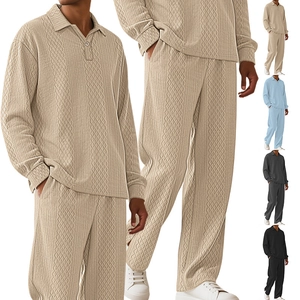 Beige men's polo tracksuit featuring textured knit fabric and long sleeve pant set