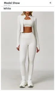 Detailed studio shot of water lily apricot yoga set with jacket, sports bra, and high-waist pants