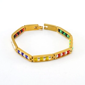18K gold plated stainless steel bracelet with rectangular frames and vibrant colorful beads