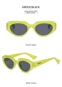 Front and side views of irregular cat-eye sunglasses in neon green with dark grey lenses
