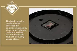 Detailed back view of silent quartz movement and black HIPS plastic wall clock frame