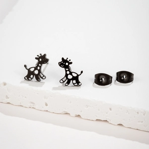 Cute black stainless steel giraffe stud earrings with hollow design on white stone