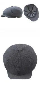 Detailed multi-angle views of navy blue striped newsboy cap with cotton canvas texture