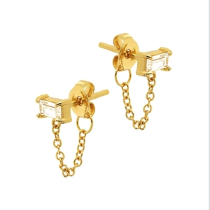 Minimalist S925 silver needle chain earrings with square zircon in gold finish