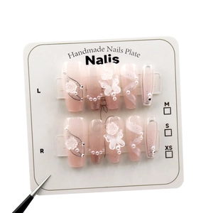 Handmade gradient pink press-on nails with 3D roses, butterflies, and pearls in square shape