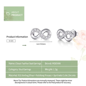 S925 sterling silver infinity earrings with cubic zirconia and 1cm x 0.6cm dimensions
