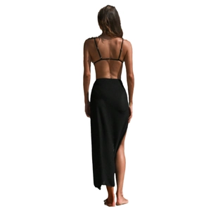 Three-piece black bikini set with long side-slit beach skirt cover-up for vacation