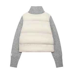 Quilted stand collar hybrid jacket featuring grey knit sleeves and white puffer bodice
