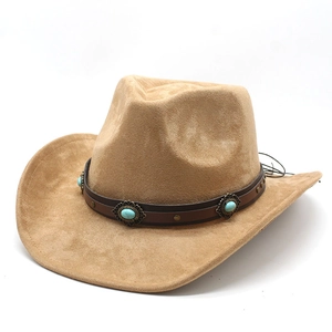 Camel western cowboy hat in faux suede with turquoise stones and decorative studs